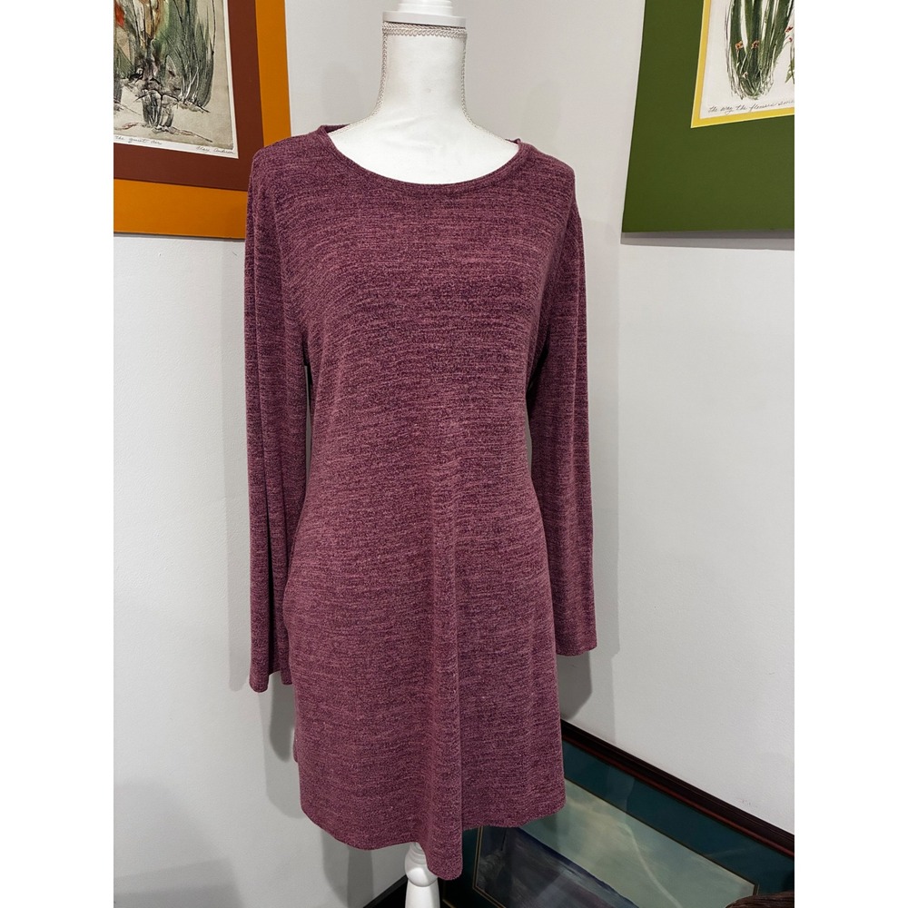 Womens Long Sleeve Knit Tunic Dress Burgundy Heathered Button Side XL